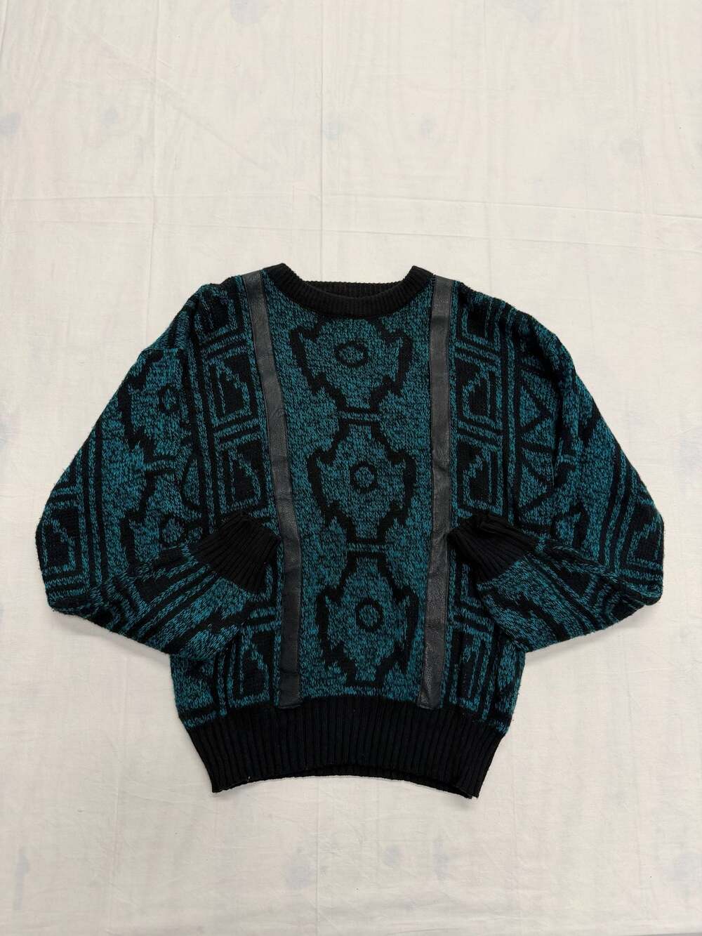 Vintage Chartwell 1980s Abstract Pattern Knit Sweater with Genuine Leather Accen